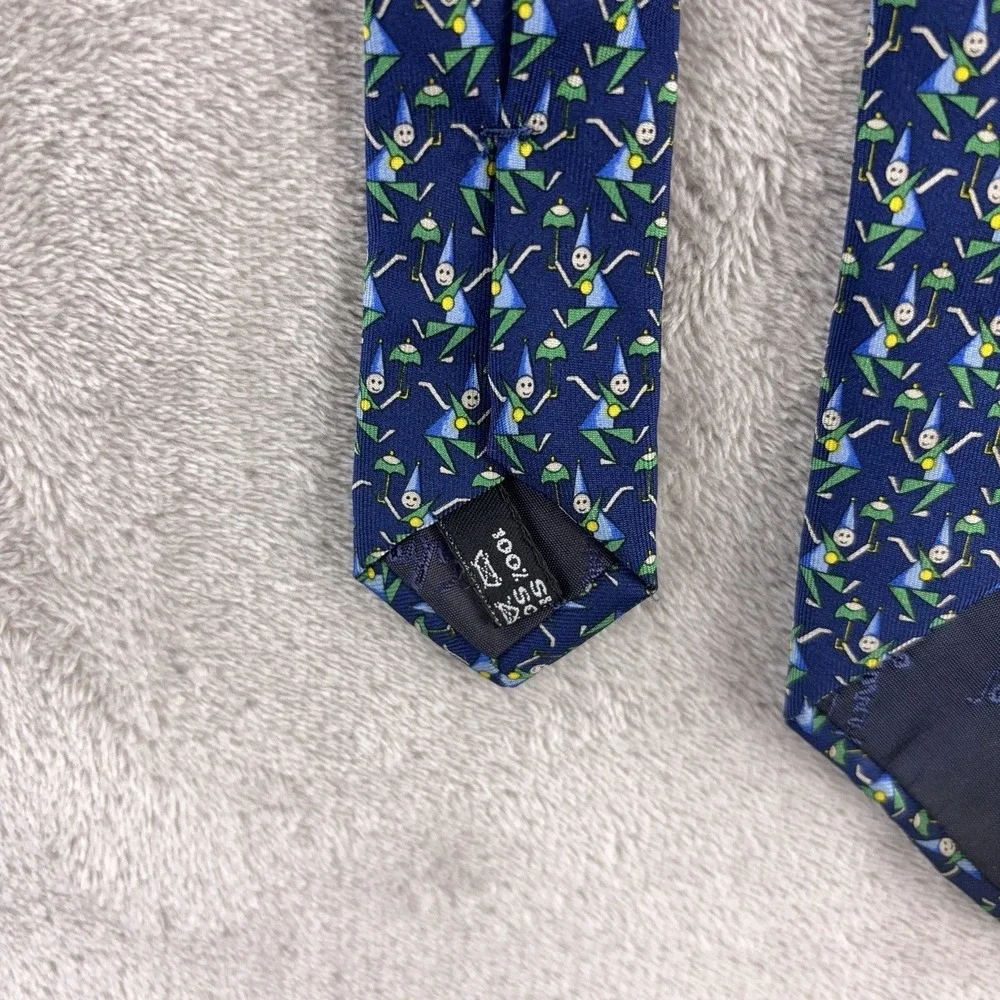 Salvatore‎ Ferragamo Necktie Mens Blue Novelty Golf Print Italy Silk Luxury